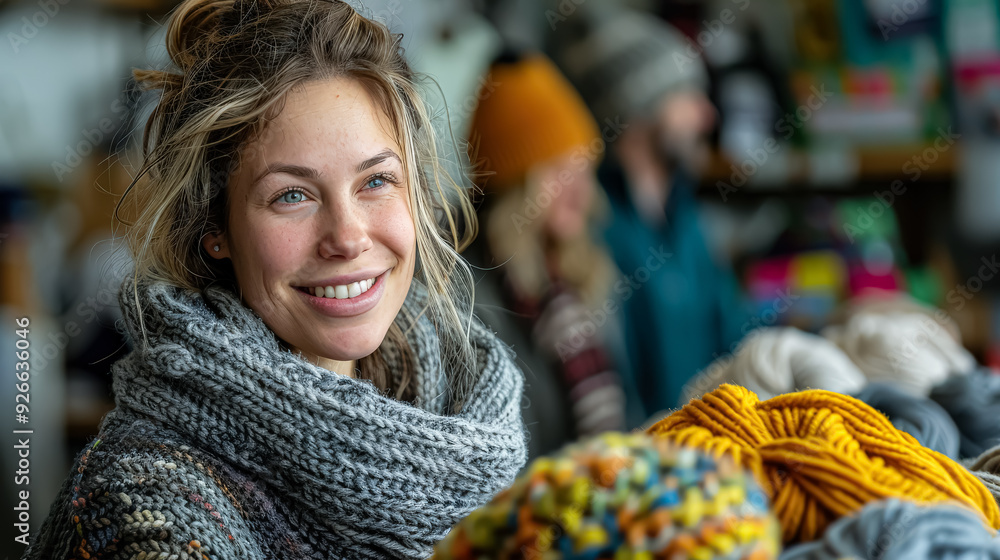 A woman with long hair is smiling and holding a ball of yarn. The scene takes place in a store with a variety of yarns on display A woman with long hair is smiling and holding a ball of yarn. The scene takes place in a store with a variety of yarns on display