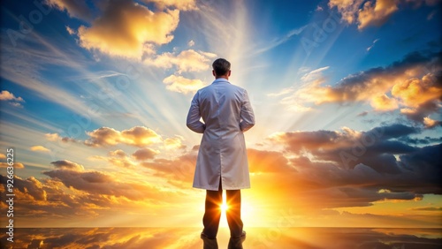 A serene healthcare professional in a white coat stands with arms crossed, silhouetted against a breathtaking vibrant sunrise, symbolizing hope and new beginnings. photo