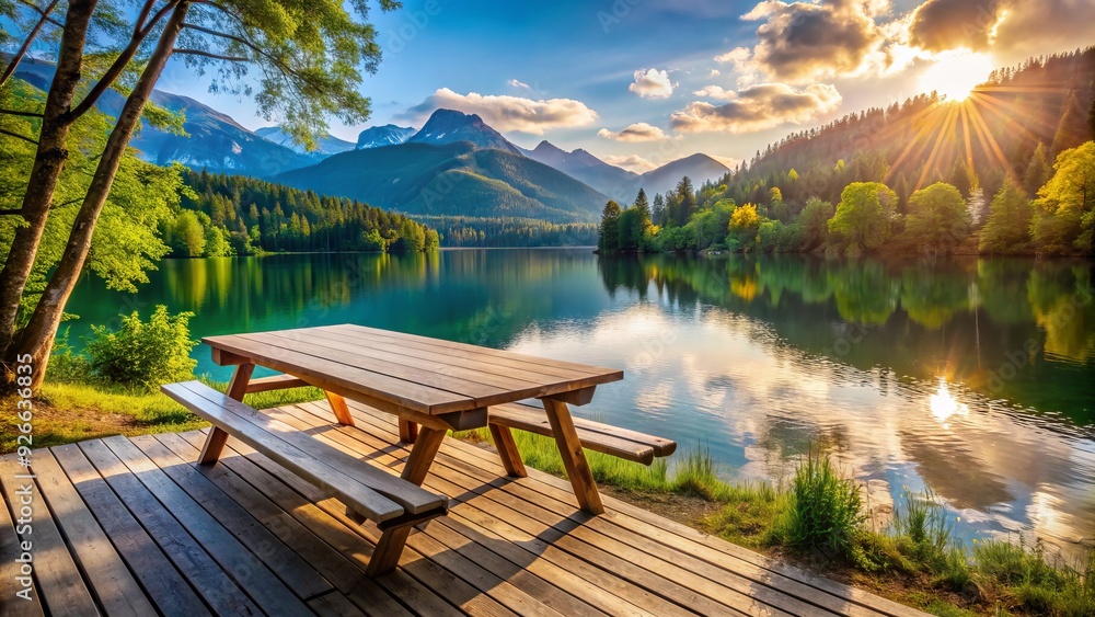 A serene wooden table overlooks a tranquil lake surrounded by lush green trees and majestic mountains, perfect for a peaceful outdoor gathering or picnic. A serene wooden table overlooks a tranquil lake surrounded by lush green trees and majestic mountains, perfect for a peaceful outdoor gathering or picnic.