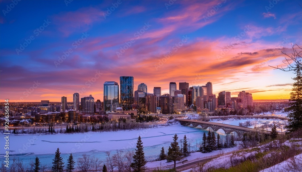 Obraz premium Vibrant Sunset Over the City of Calgary, Alberta, Canada showcasing the beautiful skyline and urban landscape at dusk