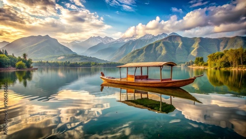 A serene wooden shikara boat floats peacefully on the calm waters of a scenic lake, surrounded by lush green hills and majestic mountains in the background. photo