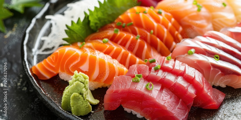 Delicious assortment of fresh sushi sashimi on a dark plate, featuring colorful fish and vibrant wasabi garnish for a gourmet experience. Delicious assortment of fresh sushi sashimi on a dark plate, featuring colorful fish and vibrant wasabi garnish for a gourmet experience.
