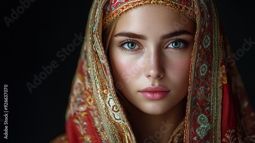 A full-shot of a Russian woman in festive or ceremonial attire, such as for a traditional celebration or event, isolated on a dark background