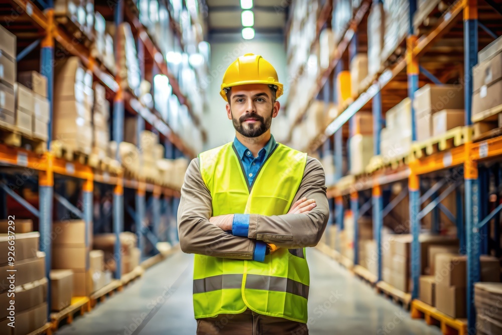 Confident worker stands with arms crossed, dressed in a safety uniform and helmet, amidst packed shelves and cardboard boxes in a bustling warehouse storage area. Confident worker stands with arms crossed, dressed in a safety uniform and helmet, amidst packed shelves and cardboard boxes in a bustling warehouse storage area.