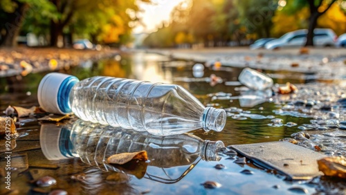 A shattered clear plastic water bottle lies broken on the ground, surrounded by shards of plastic and spilled water, with a few fingers visible nearby. photo