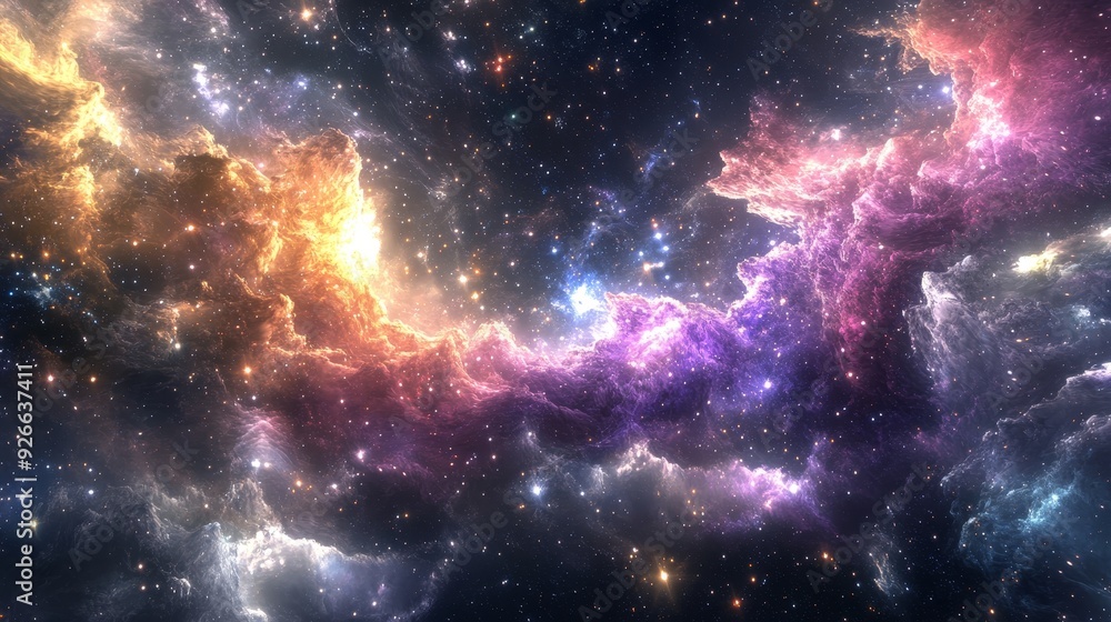 Naklejka premium A colorful nebula swirls through space, illuminated by distant stars. Photogenic cosmic clouds create a vibrant abstract background.