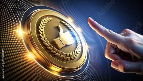 A shiny golden badge with a finger hovering over it, ready to click, symbolizing achievement, recognition, and approval on a modern digital platform. photo