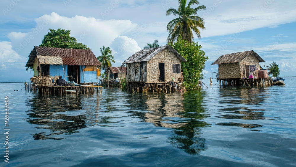 Three houses on stilts in water with palm tree. Three houses on stilts in water with palm tree.