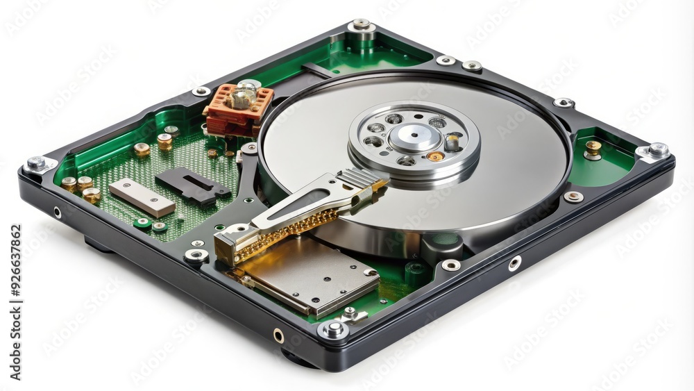 A shiny metal hard disk drive with wires and circuit boards exposed, isolated on a white background, showcasing internal components and technology. A shiny metal hard disk drive with wires and circuit boards exposed, isolated on a white background, showcasing internal components and technology.