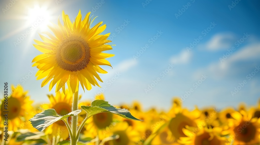 Vibrant yellow sunflowers stand tall amidst a lush green field, their bright petals shining like rays of sunshine against a brilliant blue sky backdrop. Vibrant yellow sunflowers stand tall amidst a lush green field, their bright petals shining like rays of sunshine against a brilliant blue sky backdrop.