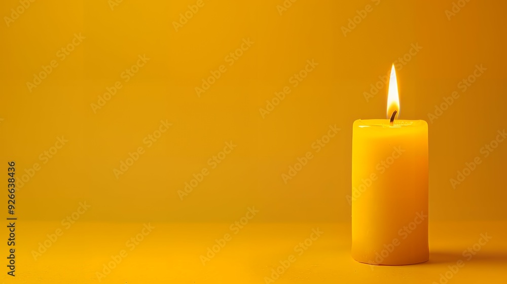Single candle with copy space on yellow background Single candle with copy space on yellow background