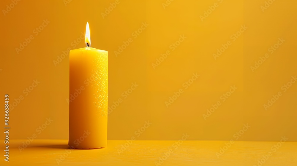 Single candle with copy space on yellow background Single candle with copy space on yellow background