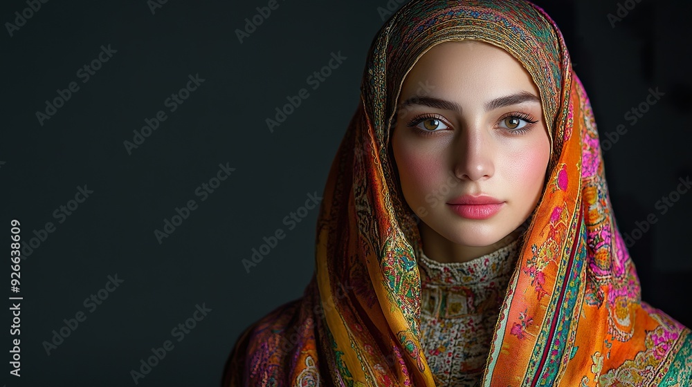 A full-shot of a Turkish woman in traditional attire such as a colorful and intricately patterned dress or a headscarf, showcasing rich cultural details and elegance, isolated on a dark background A full-shot of a Turkish woman in traditional attire such as a colorful and intricately patterned dress or a headscarf, showcasing rich cultural details and elegance, isolated on a dark background