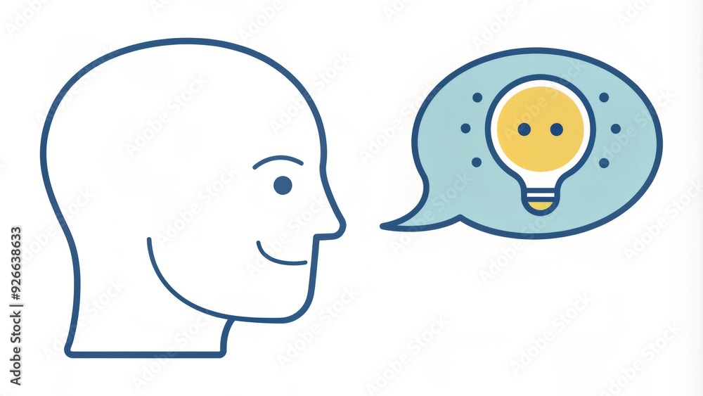 A simplified, modern illustration of a smiling human head with a speech bubble, conveying communication, conversation, and idea exchange in a minimalistic style. A simplified, modern illustration of a smiling human head with a speech bubble, conveying communication, conversation, and idea exchange in a minimalistic style.