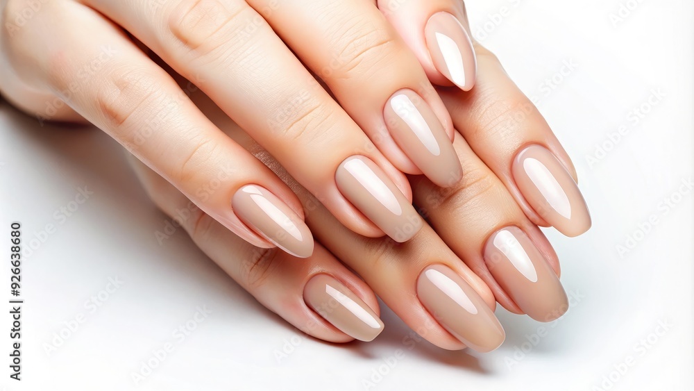 A single elegant female hand with manicured nails and subtle skin texture extends outward against a clean white isolated background, conveying simplicity and sophistication. A single elegant female hand with manicured nails and subtle skin texture extends outward against a clean white isolated background, conveying simplicity and sophistication.