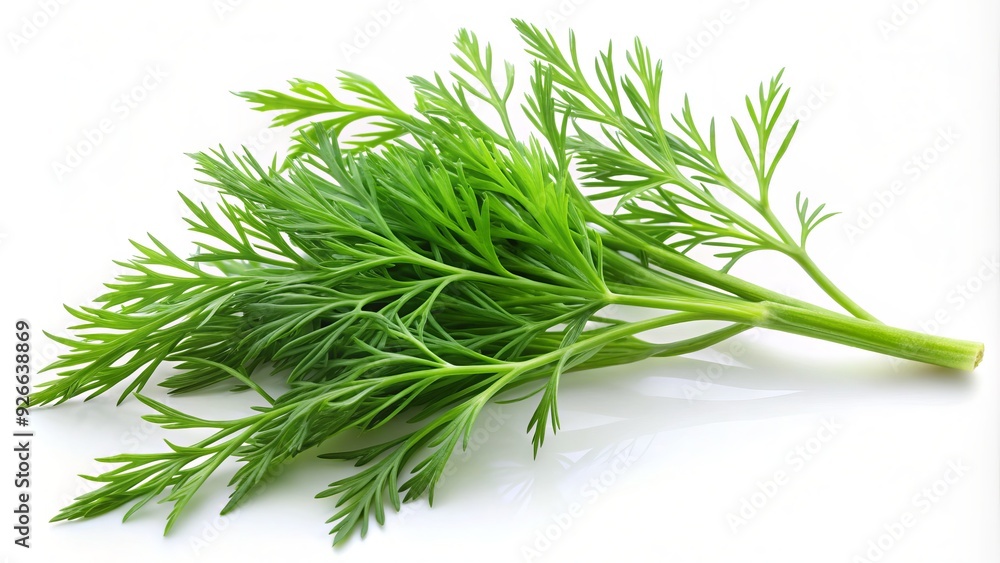 A single sprig of fresh green cumin leaves stands upright on a white background, showcasing its delicate feathery texture and vibrant color in isolation. A single sprig of fresh green cumin leaves stands upright on a white background, showcasing its delicate feathery texture and vibrant color in isolation.