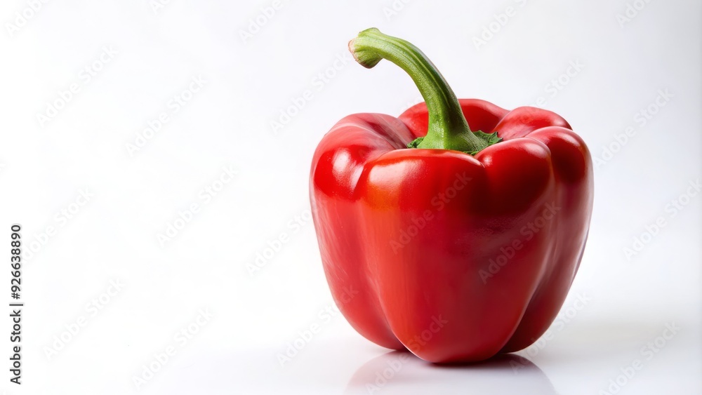 A single, vibrant red pepper stands alone on a pristine white background, its glossy skin and delicate stem highlighted in sharp, stunning clarity. A single, vibrant red pepper stands alone on a pristine white background, its glossy skin and delicate stem highlighted in sharp, stunning clarity.
