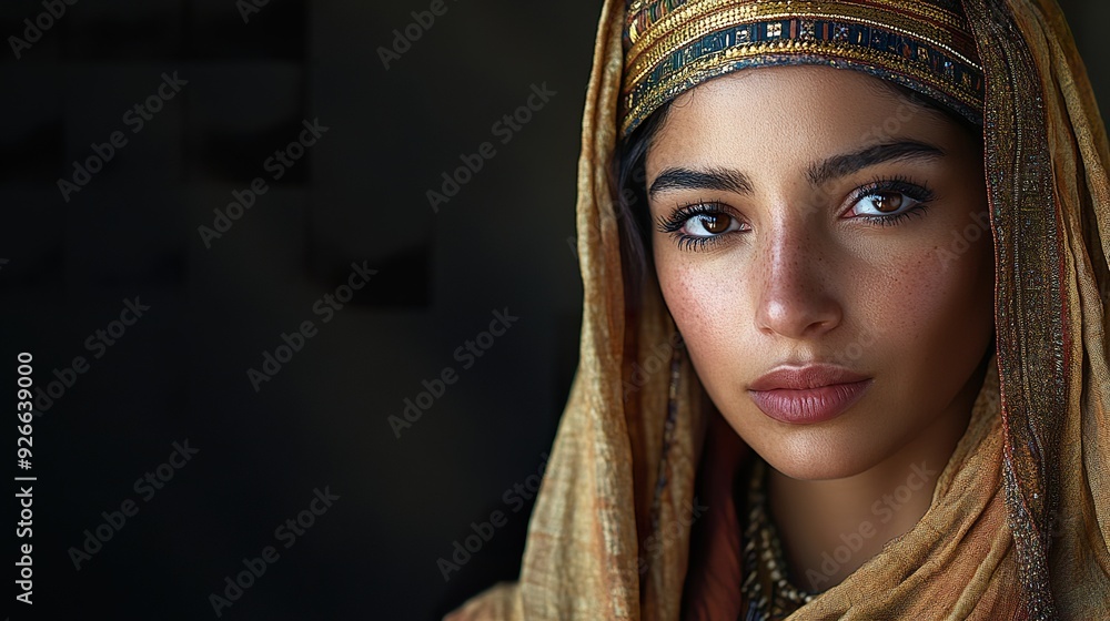 A full-shot of an Egyptian woman in festive or ceremonial attire, such as for a cultural celebration or special event, isolated on a dark background A full-shot of an Egyptian woman in festive or ceremonial attire, such as for a cultural celebration or special event, isolated on a dark background