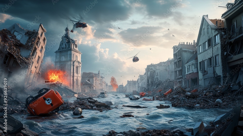 A post-apocalyptic city scene with debris and floodwaters, helicopters flying overhead. A post-apocalyptic city scene with debris and floodwaters, helicopters flying overhead.