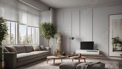 Elegant modern living room with minimalistic decor items. photo