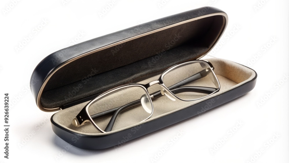 A sleek, black, hard-shell eyeglasses case with a soft, velvety interior, adorned with a silver clasp, lies open on a white background, empty and ready. A sleek, black, hard-shell eyeglasses case with a soft, velvety interior, adorned with a silver clasp, lies open on a white background, empty and ready.