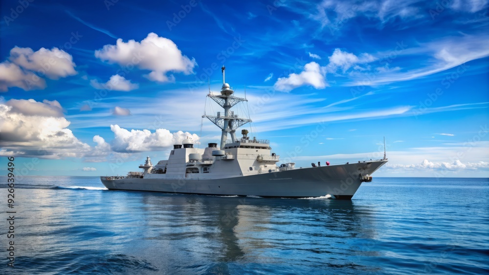 Naklejka premium A sleek grey navy destroyer warship cuts through calm ocean waters, its sharp bow and angular deckhouse piercing the horizon beneath a vast blue sky.