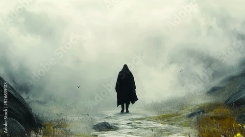 A solitary figure walks through a misty landscape, shrouded in mystery and intrigue. The path ahead is unclear, their destination unknown. photo