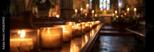 A row of lit candles inside a dimly lit church