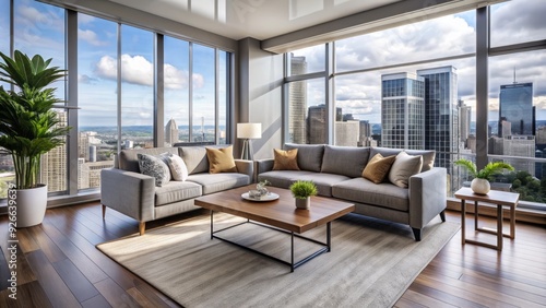 A sleek modern apartment living room with a strict no pets policy, featuring a couch, coffee table, and large windows with a city view.