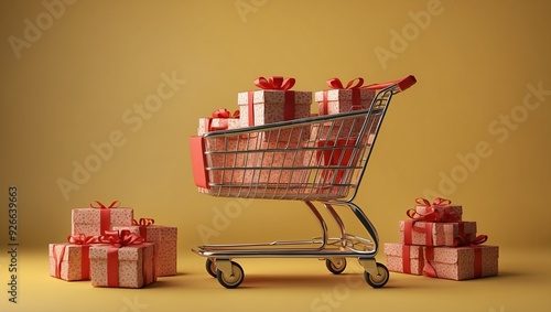 Shopping cart filled with gift packages on yellow background. photo