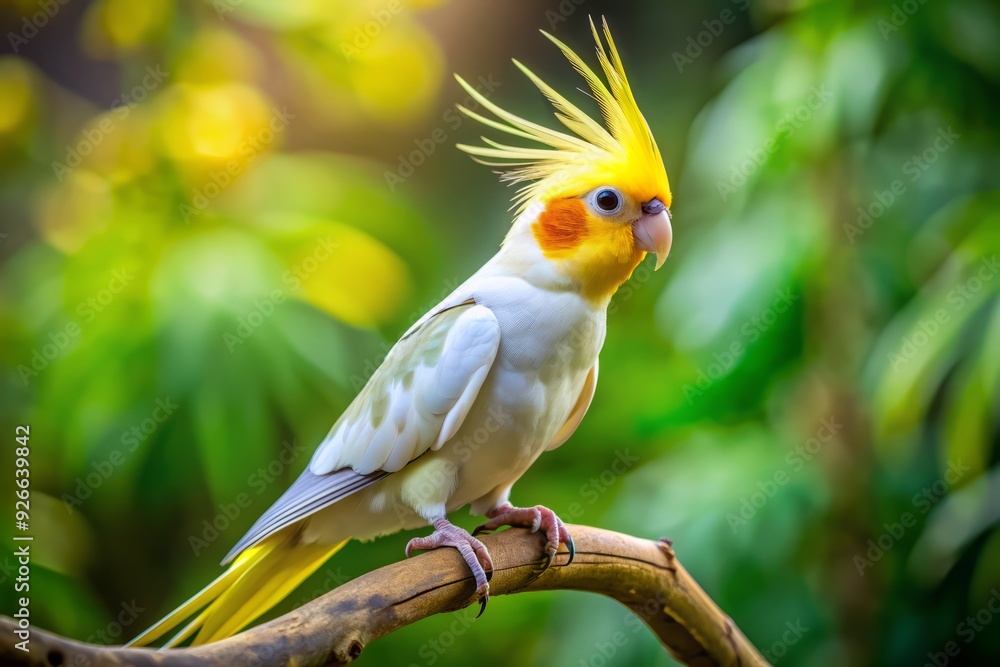 A vibrant yellow cockatiel parrot with a striking crest and stunning plumage perches on a branch, showcasing its natural beauty and playful charm. A vibrant yellow cockatiel parrot with a striking crest and stunning plumage perches on a branch, showcasing its natural beauty and playful charm.
