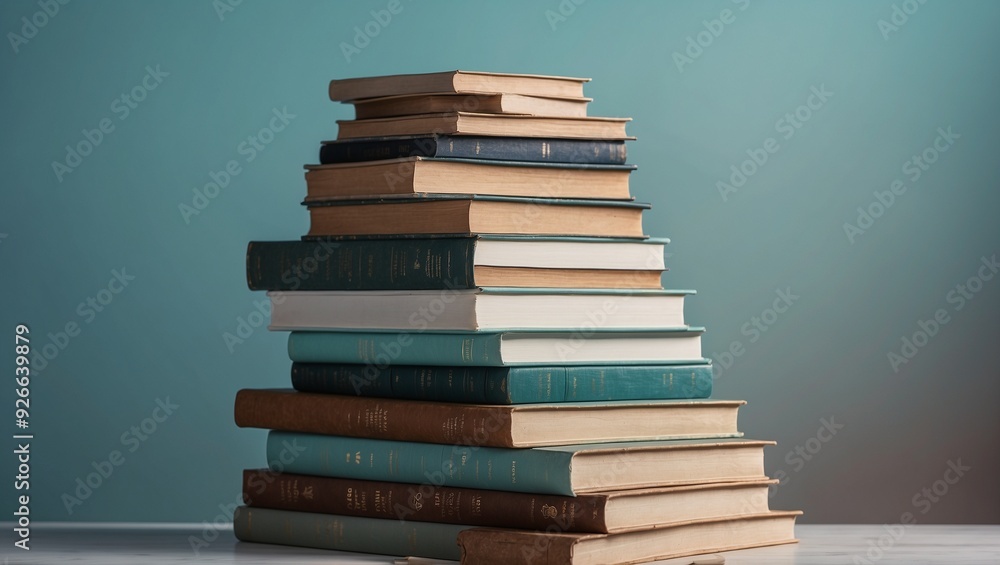 Pile of books with different colored covers on table. Pile of books with different colored covers on table.