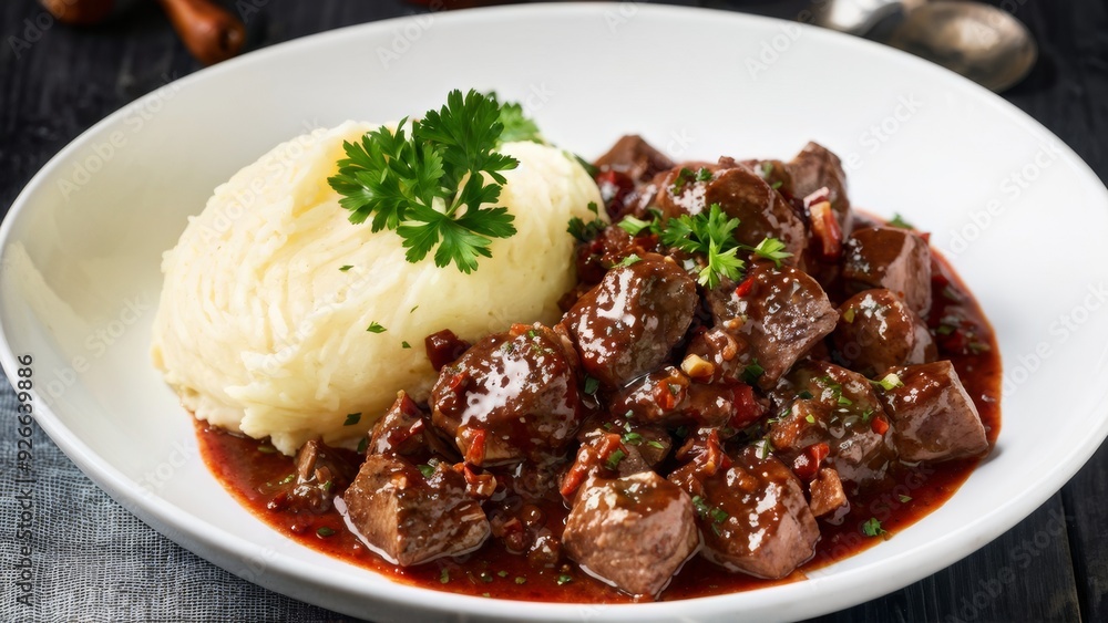 Pieces of beef heart with caramelized onions, drizzled with sauce, combined with mashed potatoes with a creamy texture, lightly seasoned with live parsley sprouts. Pieces of beef heart with caramelized onions, drizzled with sauce, combined with mashed potatoes with a creamy texture, lightly seasoned with live parsley sprouts.