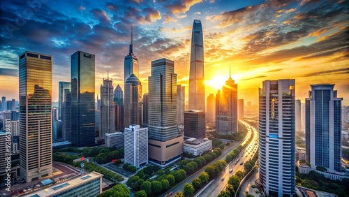 A sleek, modern financial district cityscape at sunrise, featuring a labyrinth of skyscrapers and bustling streets symbolizing global commerce and economic prosperity. photo