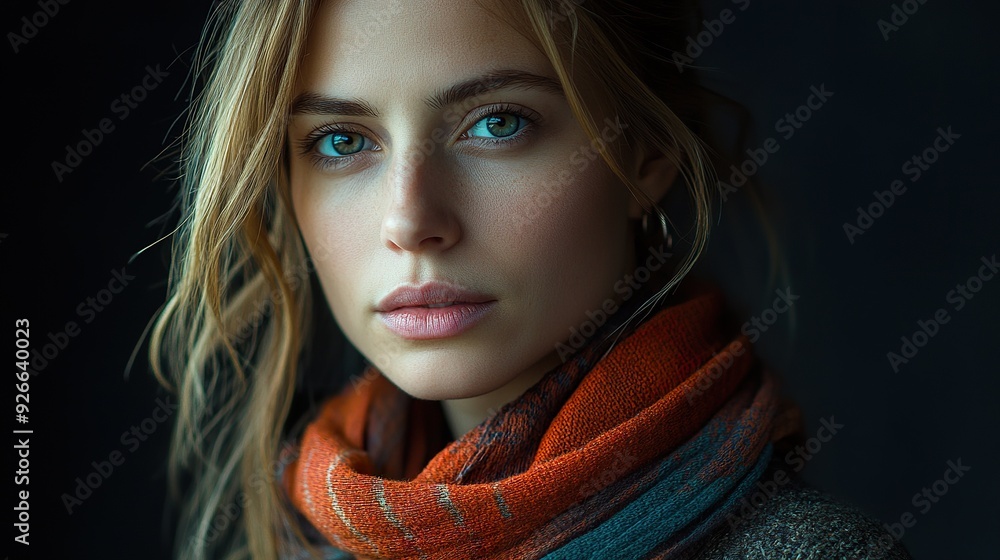 A realistic image of a German woman adorned with accessories like a stylish scarf or minimalist jewelry, isolated on a dark background A realistic image of a German woman adorned with accessories like a stylish scarf or minimalist jewelry, isolated on a dark background