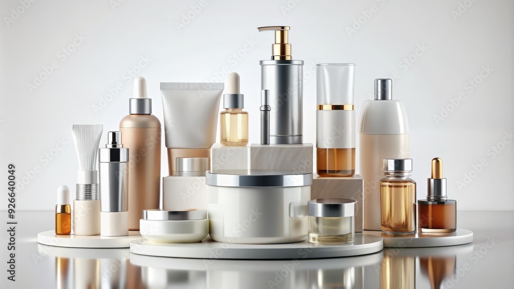 A sleek, modern podium displays an assortment of luxurious skin care products, including serums, moisturizers, and creams, on a clean, white background. A sleek, modern podium displays an assortment of luxurious skin care products, including serums, moisturizers, and creams, on a clean, white background.