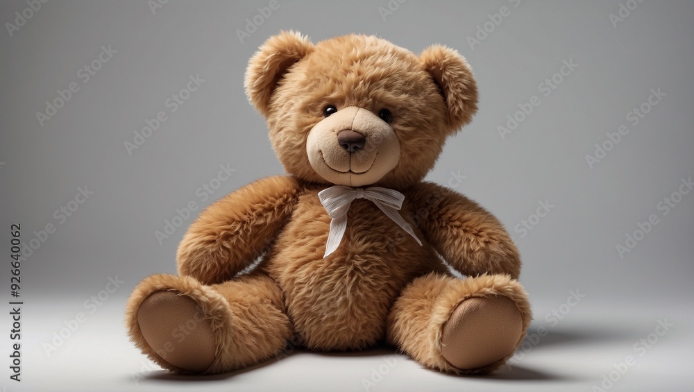 Cute, brown teddy bear with a white bowtie sitting down. Cute, brown teddy bear with a white bowtie sitting down.