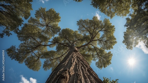 Looking up through a tall tree to the sky and sun photo