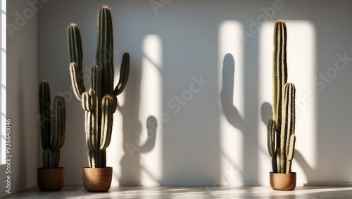 Three cacti in pots with shadows under natural light