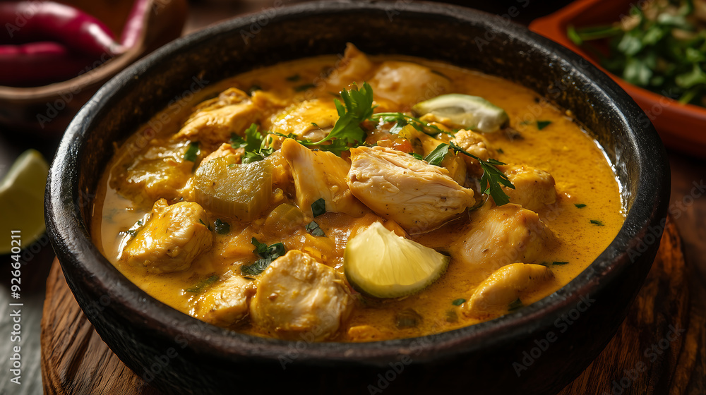Close up of a Mexican chicken dish in a creamy yellow sauce, garnished with lime and chopped herbs, served in a dark brown bowl on a wooden table Close up of a Mexican chicken dish in a creamy yellow sauce, garnished with lime and chopped herbs, served in a dark brown bowl on a wooden table