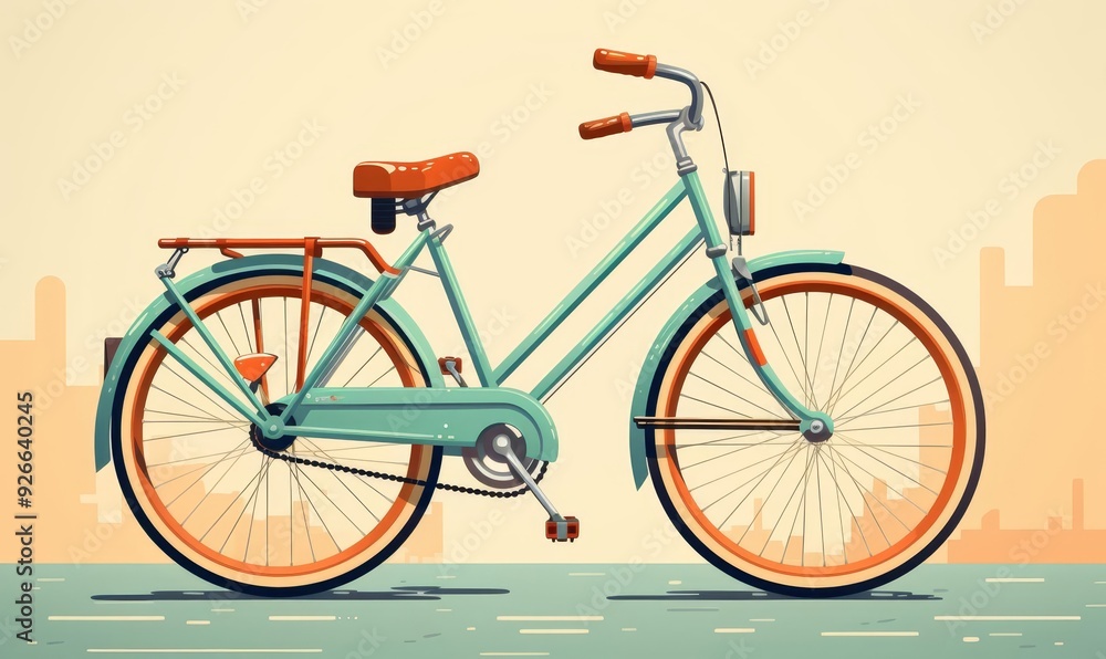 Fototapeta premium Vintage bicycle on street, flat design, front view, nostalgic theme, animation, Complementary Color Scheme