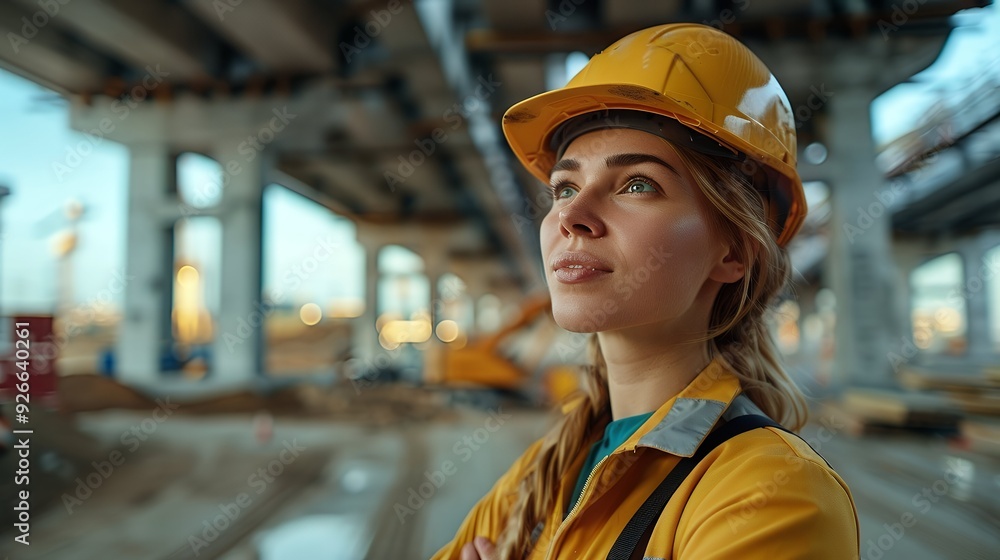 A close up of a woman wearing a hard hat and a yellow vest on a construction site A close up of a woman wearing a hard hat and a yellow vest on a construction site