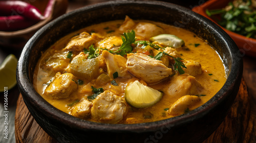 Close up of a Mexican chicken dish in a creamy yellow sauce, garnished with lime and chopped herbs, served in a dark brown bowl on a wooden table