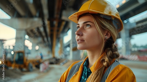 A close up of a woman wearing a hard hat and a yellow vest on a construction site