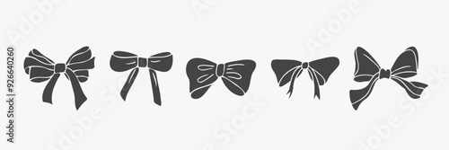 Black bows illustration set. Hand drawn decor for preset box. Gift accessory. Vector illustration isolated on white 