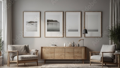 Wallpaper Mural Minimalist living room with wooden furniture and art frames Torontodigital.ca