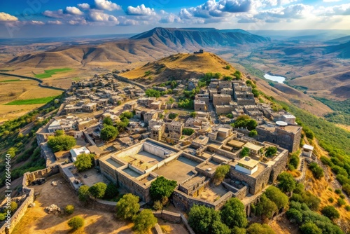 Bird's eye view of historic Gamla, an ancient Jewish city perched on the Golan Heights, stronghold for rebels during the Great Revolt, symbolic of modern state's resilience.