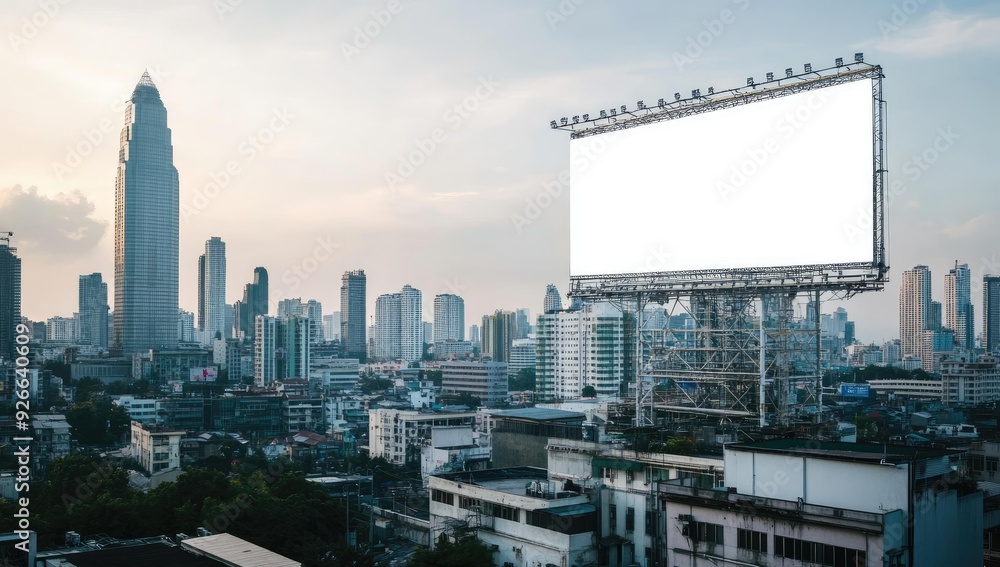 Blank billboard overlooking city skyline. Blank billboard overlooking city skyline.