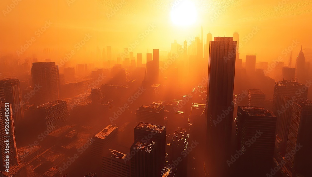 Sunset over a hazy, orange city skyline. Sunset over a hazy, orange city skyline.