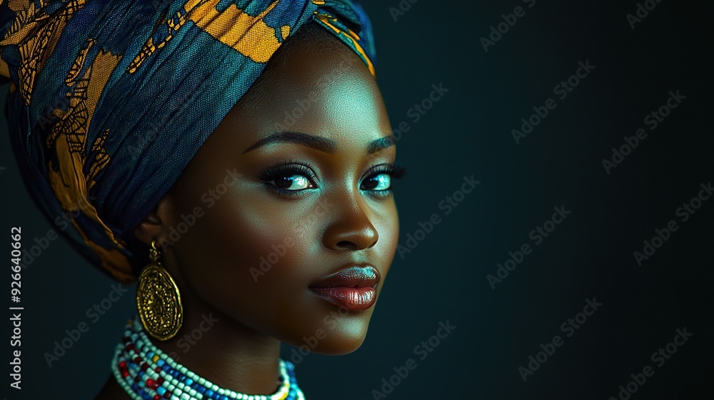 A realistic image of a Nigerian woman adorned with traditional accessories like beaded necklaces or head wraps, isolated on a dark background A realistic image of a Nigerian woman adorned with traditional accessories like beaded necklaces or head wraps, isolated on a dark background